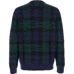 Blue Crewneck Sweater with Pony Embroidery on the Front and All-Over Check Motif in Wool Man