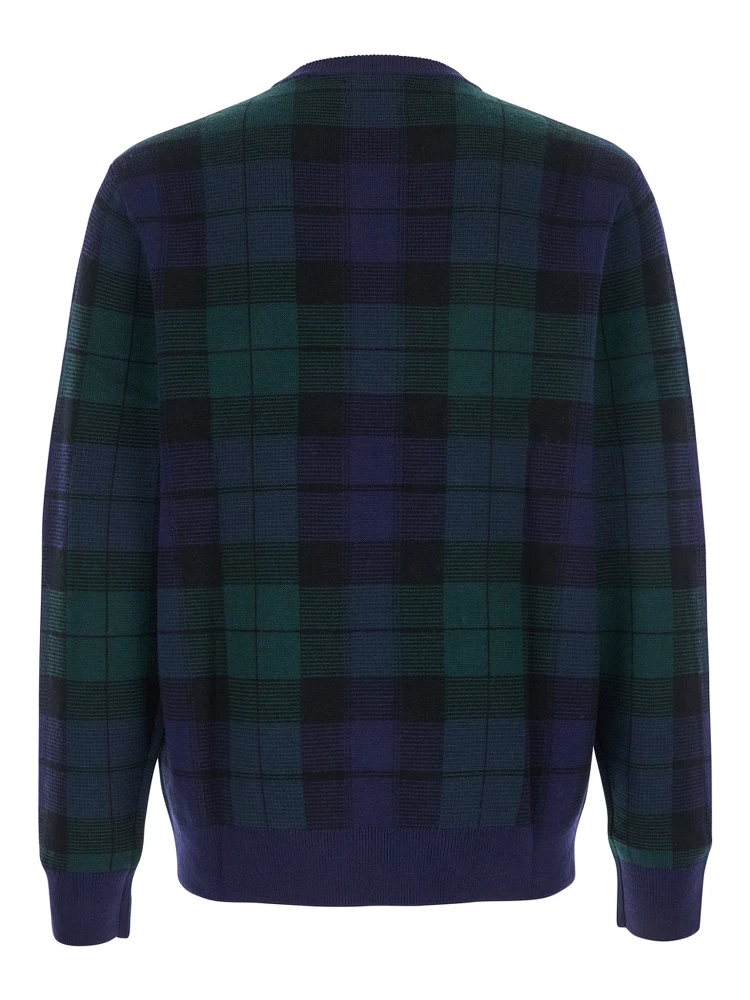 Blue Crewneck Sweater with Pony Embroidery on the Front and All-Over Check Motif in Wool Man alternative
