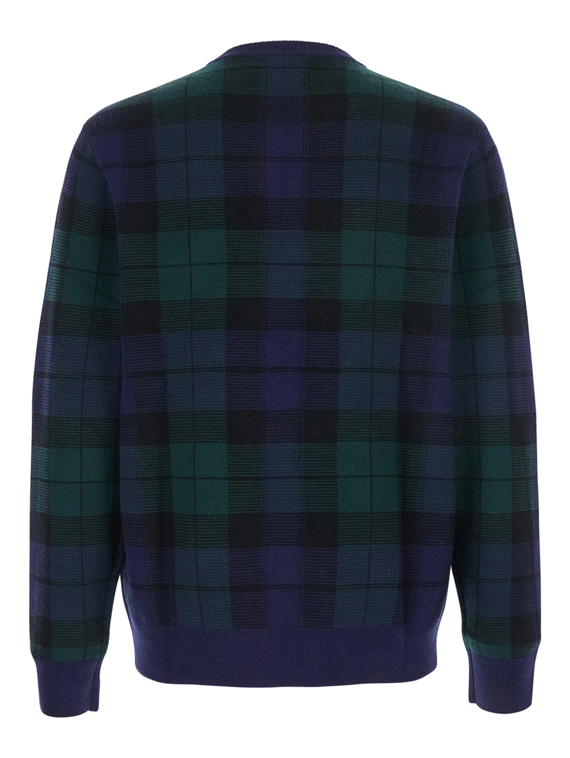 Blue Crewneck Sweater with Pony Embroidery on the Front and All-Over Check Motif in Wool Man