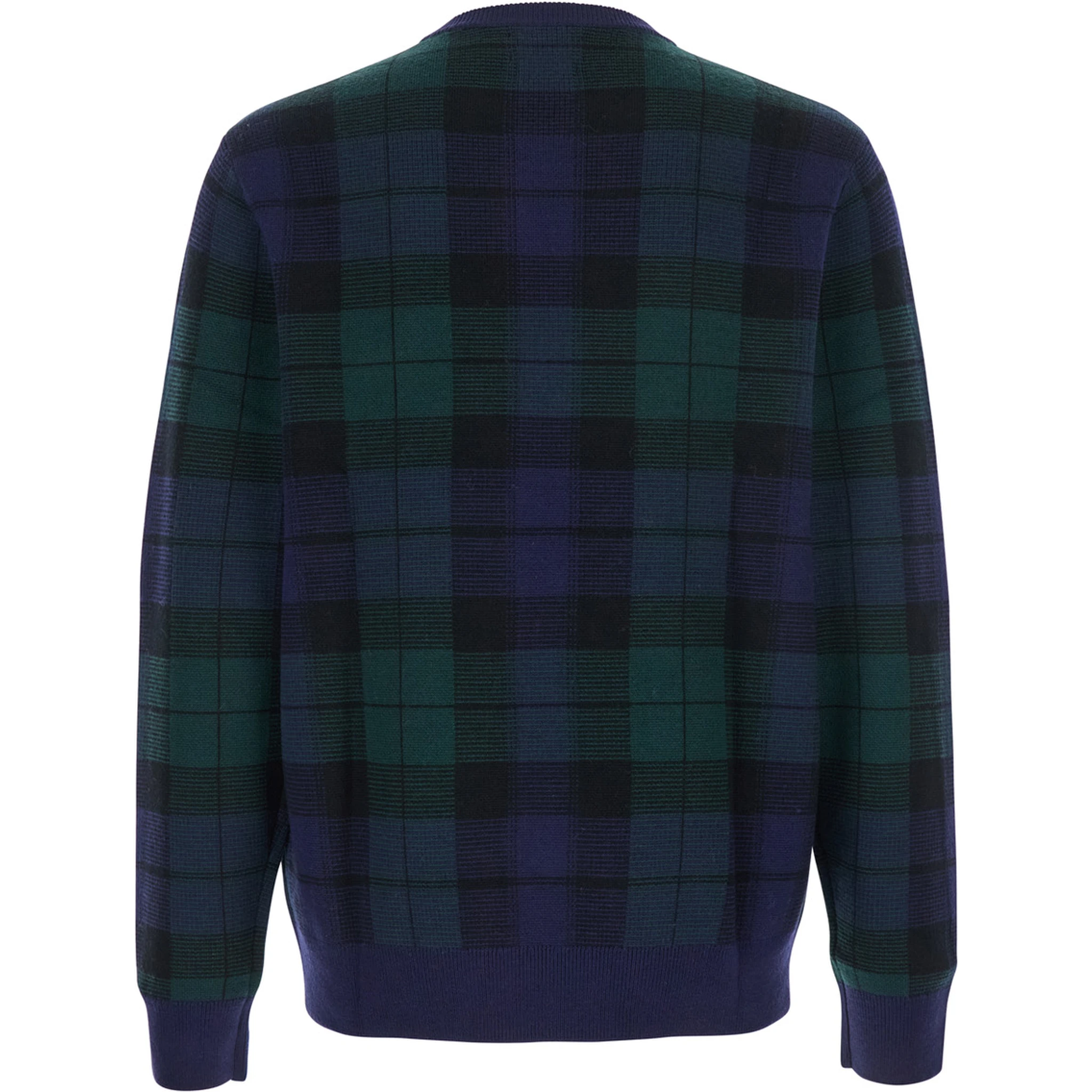 Blue Crewneck Sweater with Pony Embroidery on the Front and All-Over Check Motif in Wool Man