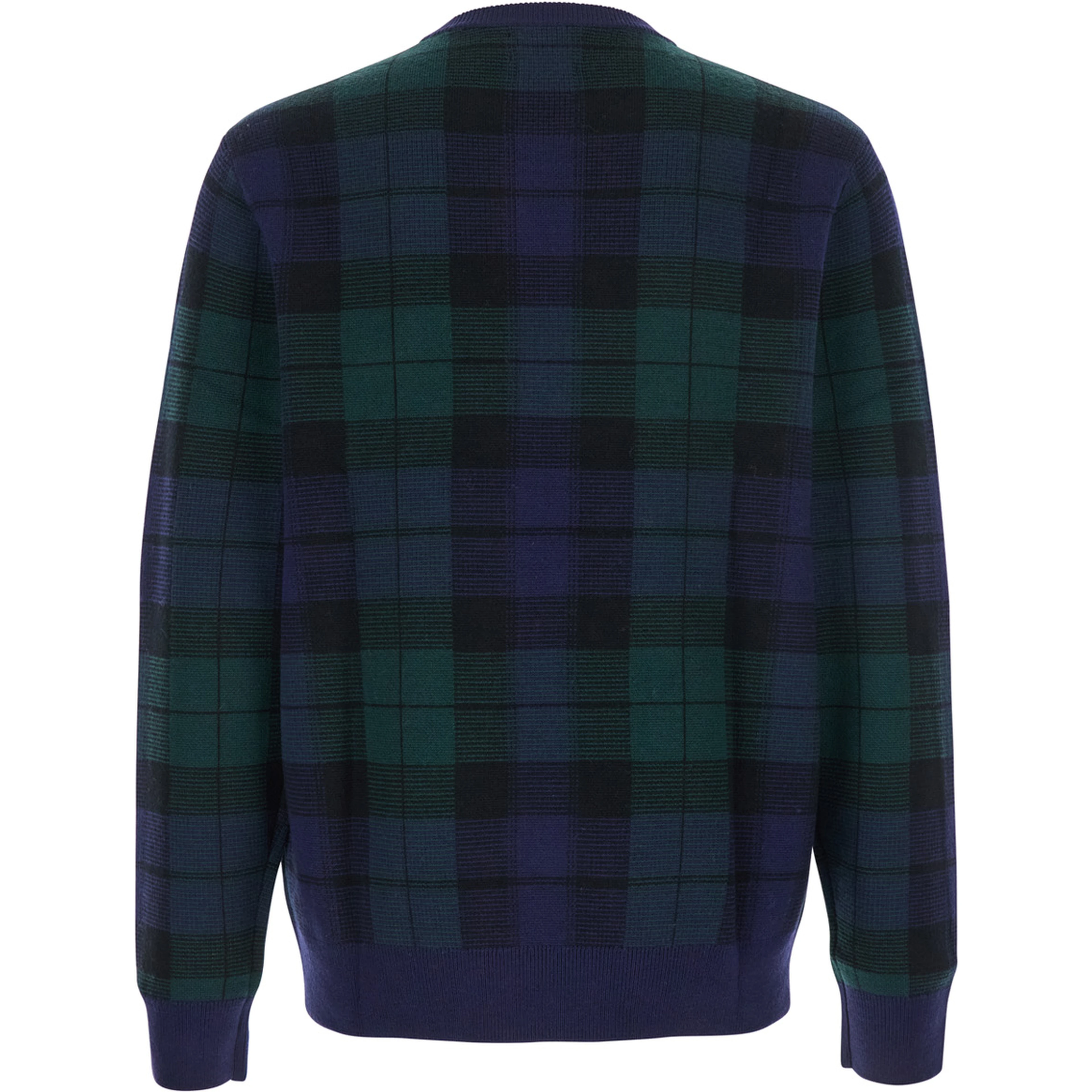 Blue Crewneck Sweater with Pony Embroidery on the Front and All-Over Check Motif in Wool Man