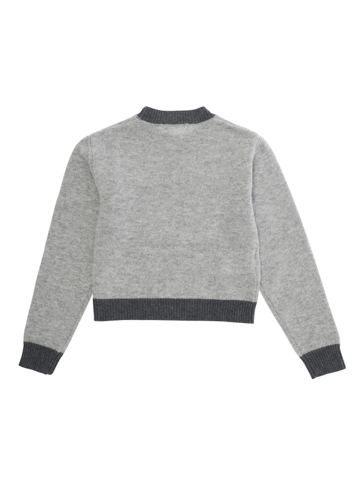 Grey Crewneck Sweater with Logo Lettering on the Front and Contrasting Trims in Wool and Cashmere Girl alternative
