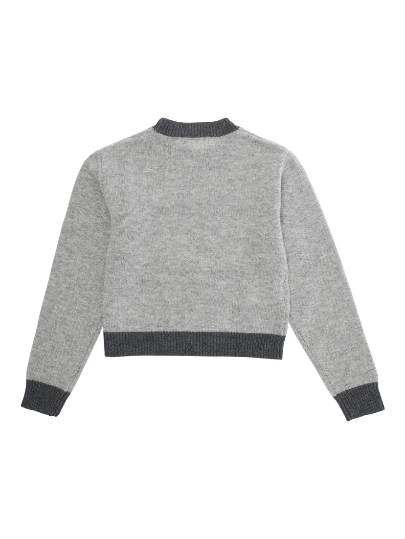 Grey Crewneck Sweater with Logo Lettering on the Front and Contrasting Trims in Wool and Cashmere Girl
