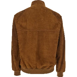 Brown Jacket with Mock Neck with Snap Buttons in Suede Man