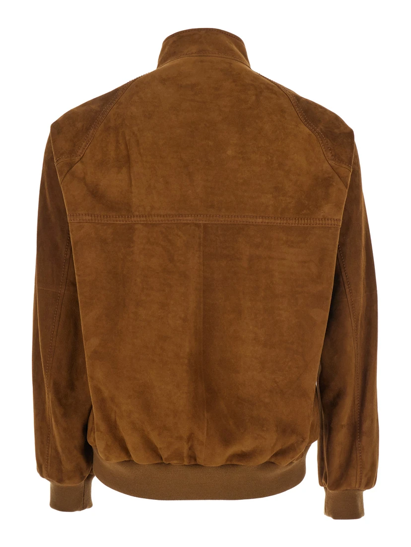 Brown Jacket with Mock Neck with Snap Buttons in Suede Man