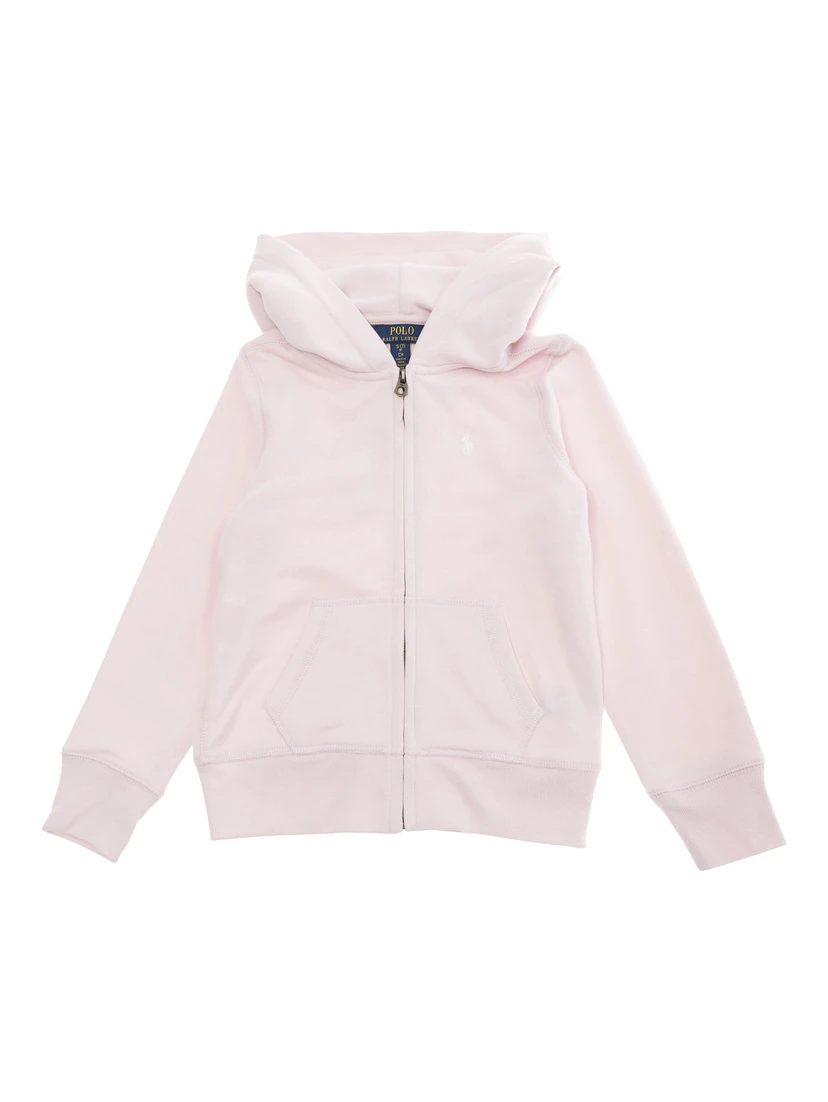 Pink Sweatshirt with Fixed Hood and Front Zip Closure in Cotton Girl