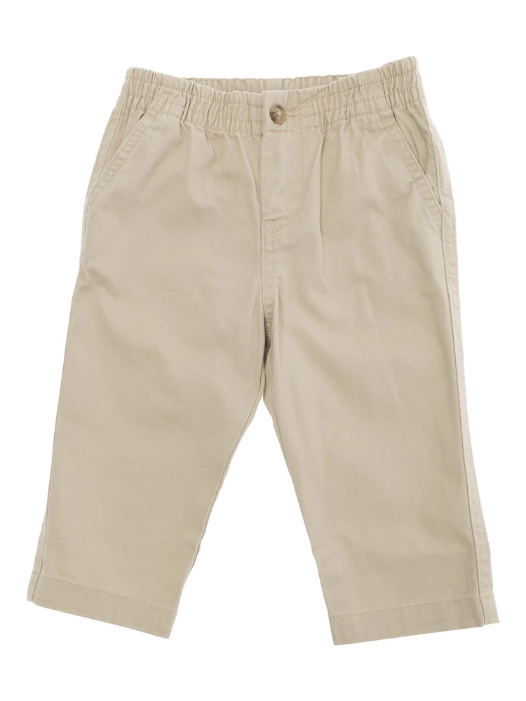 Beige Pants with Elastic Waist and Pony Embroidery on the Rear in Cotton Baby