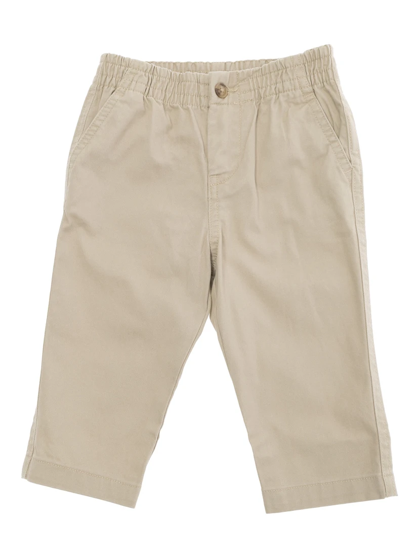 Beige Pants with Elastic Waist and Pony Embroidery on the Rear in Cotton Baby