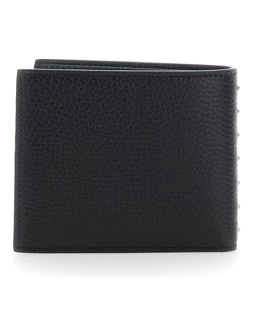 Black Bi-Fold Wallet with Rockstud Details in Grained Leather Man