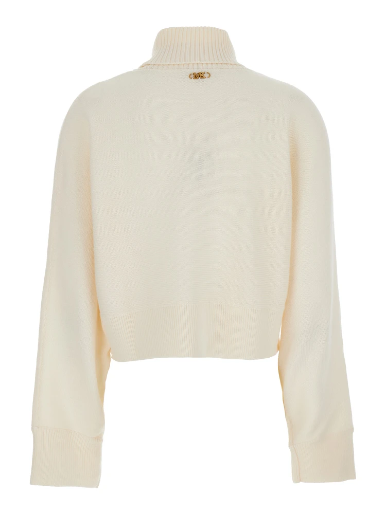 White Turtleneck Cropped Sweater with Logo Plaque on the Rear in Wool Woman alternative
