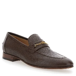 Brown Loafers with Decorative VLogo Chain-Link Strap in Leather Man