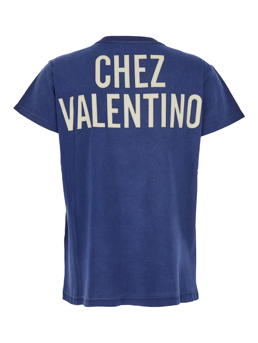 Blue Crewneck T-Shirt with Maxi Logo on Front and Rear in Cotton Jersey Woman