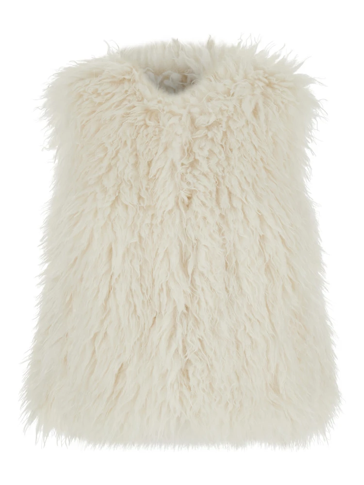 White Sleeveless Jacket with Front Concealed Closure in Ecofur Woman