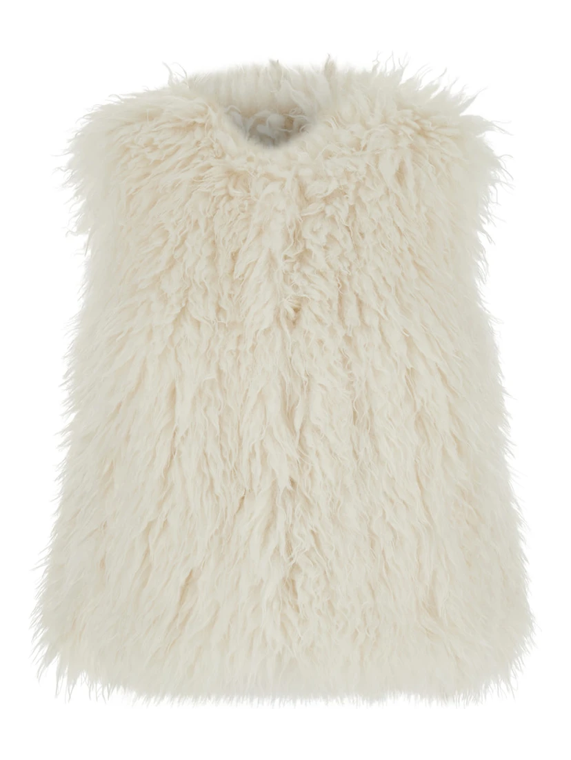 White Sleeveless Jacket with Front Concealed Closure in Ecofur Woman