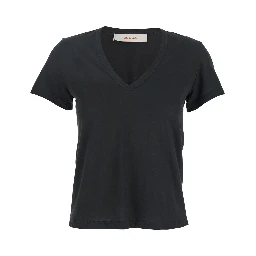 Black T-shirt with Wide V-Neck and Short Sleeves in Cotton Woman