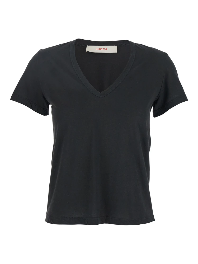 Black T-shirt with Wide V-Neck and Short Sleeves in Cotton Woman