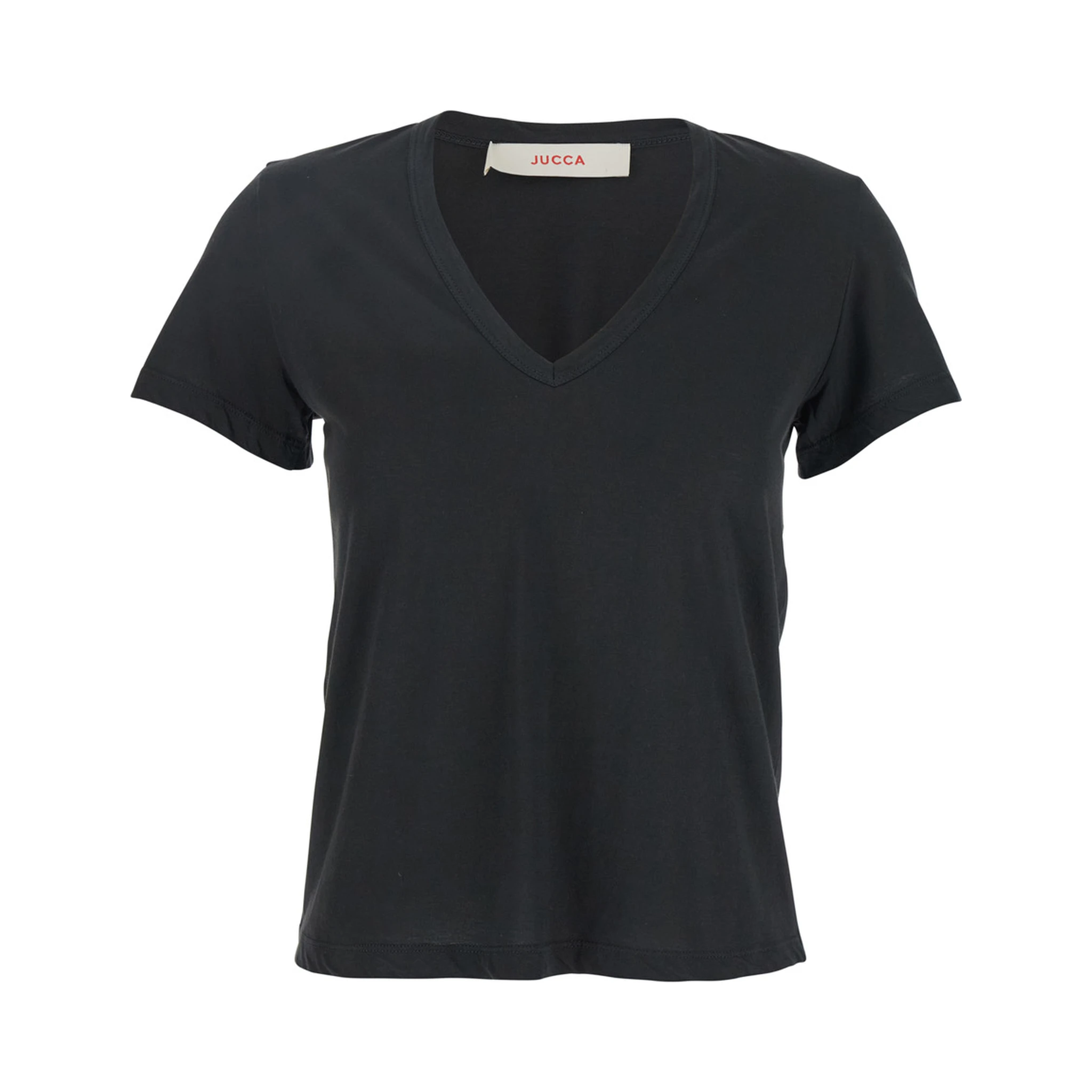 Black T-shirt with Wide V-Neck and Short Sleeves in Cotton Woman