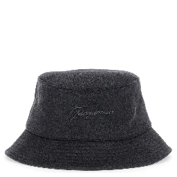 Le Bob Cachemiro Grey Bucket Hat with Logo Lettering Embroidery on the Front and Ribbed Brim in Wool Man