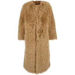 Beige Shearling Coat with Round Neck and Front Closure in Faux Fur Woman