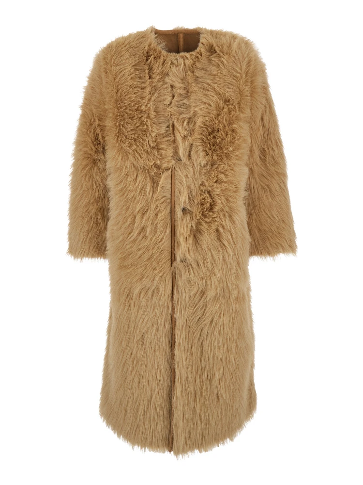 Beige Shearling Coat with Round Neck and Front Closure in Faux Fur Woman