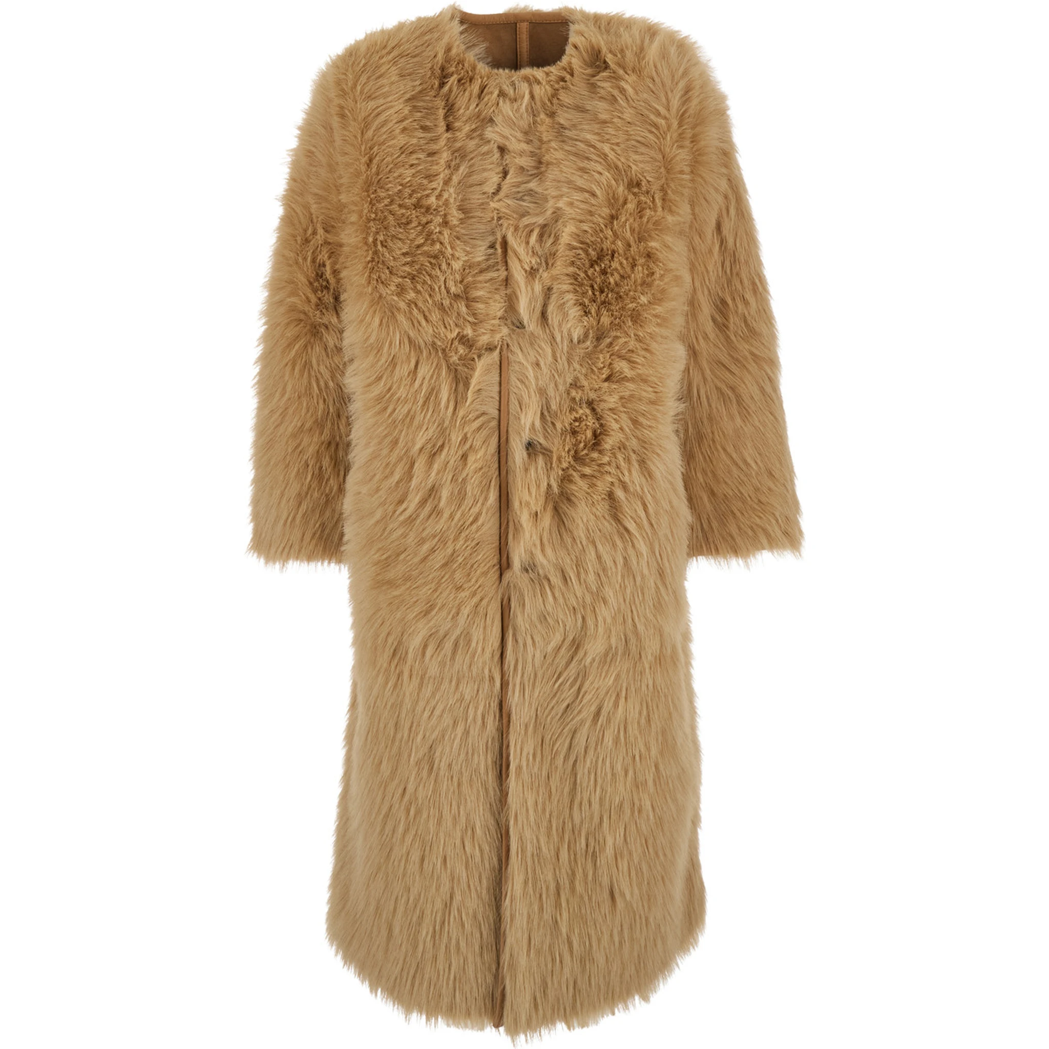 Beige Shearling Coat with Round Neck and Front Closure in Faux Fur Woman