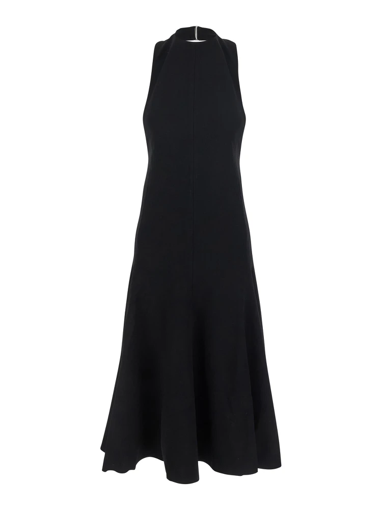 La Robe Favola Black Long Dress with High American Neckline and Flared Design in Tech Fabric Woman