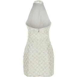 White Sequinned Sleeveless Halterneck Dress in Tech Fabric Woman