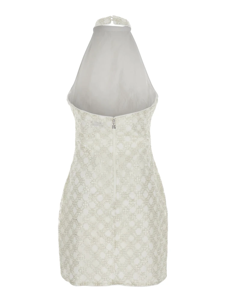 White Sequinned Sleeveless Halterneck Dress in Tech Fabric Woman