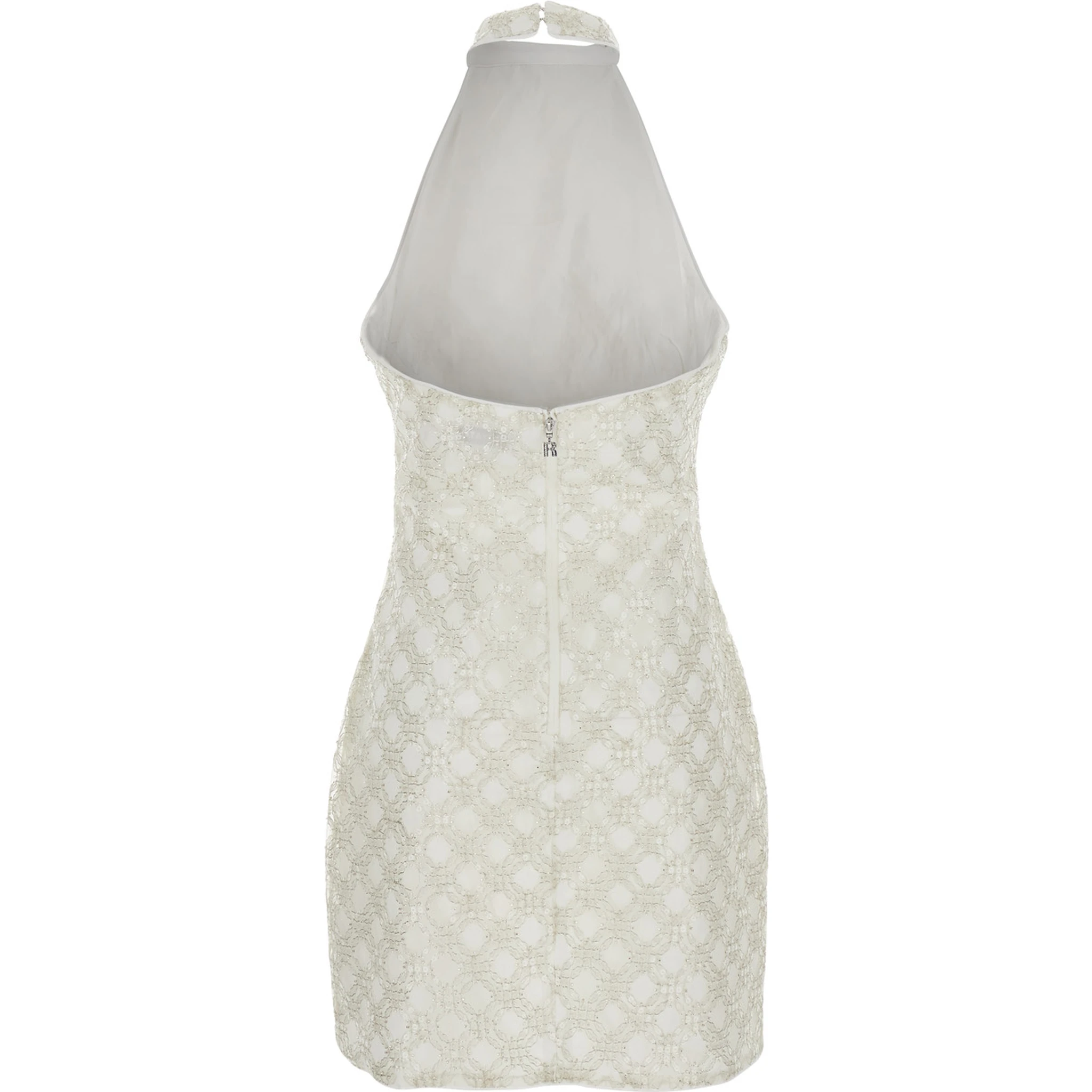 White Sequinned Sleeveless Halterneck Dress in Tech Fabric Woman