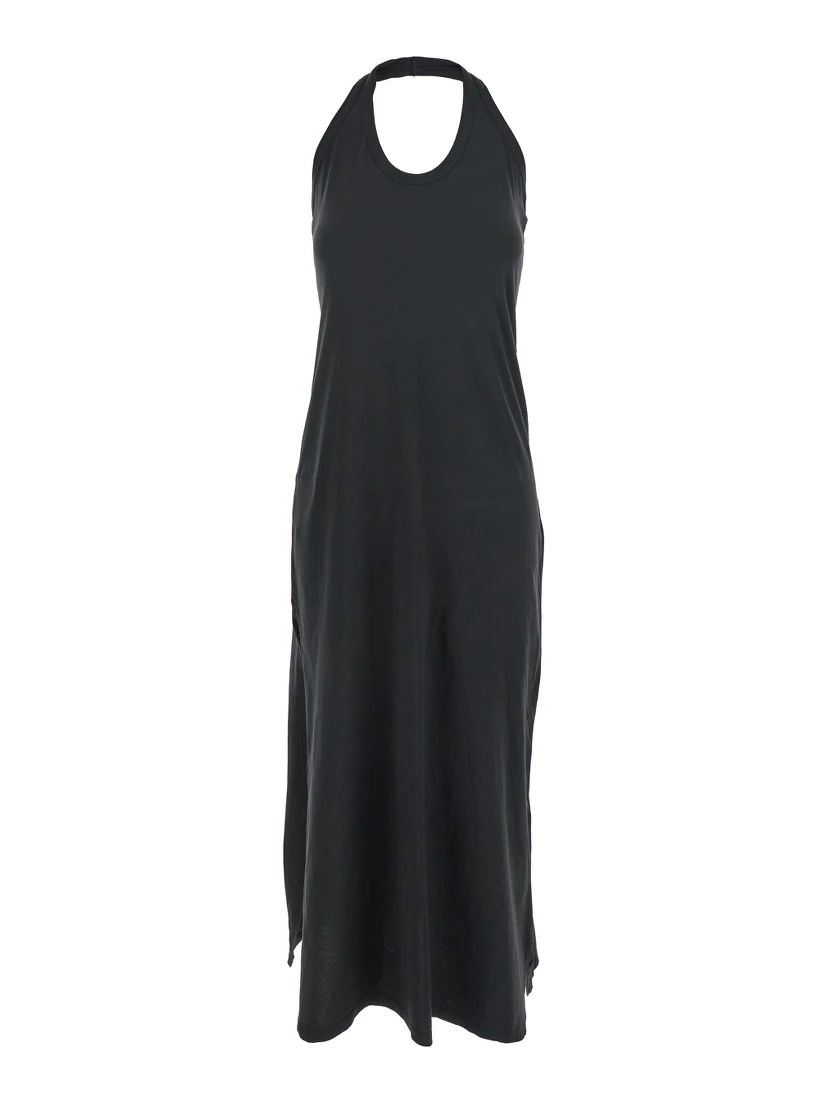 Black Sleeveless Dress with Halterneck and Straight Hem in Cotton Woman
