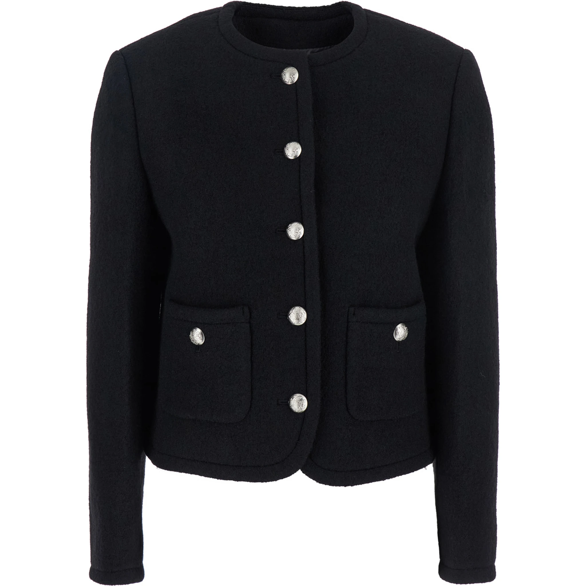 Black Jacket with Button Closure and Front Pockets in Tweed Woman