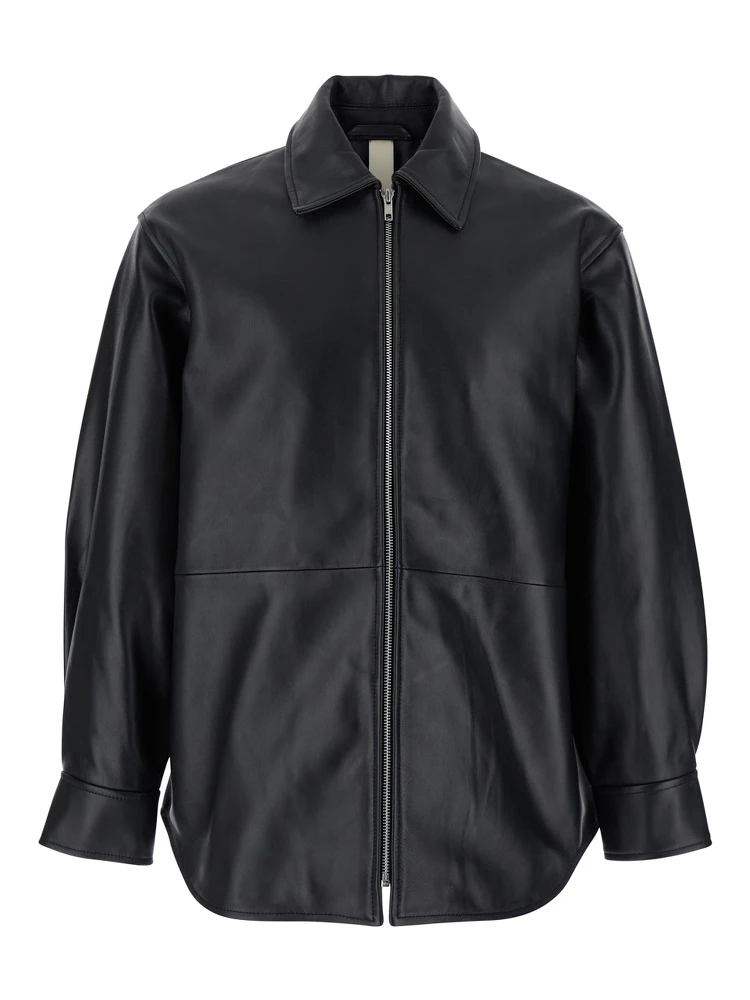 Black Jacket with Classic Collar and Dropped Shoulders in Leather Man
