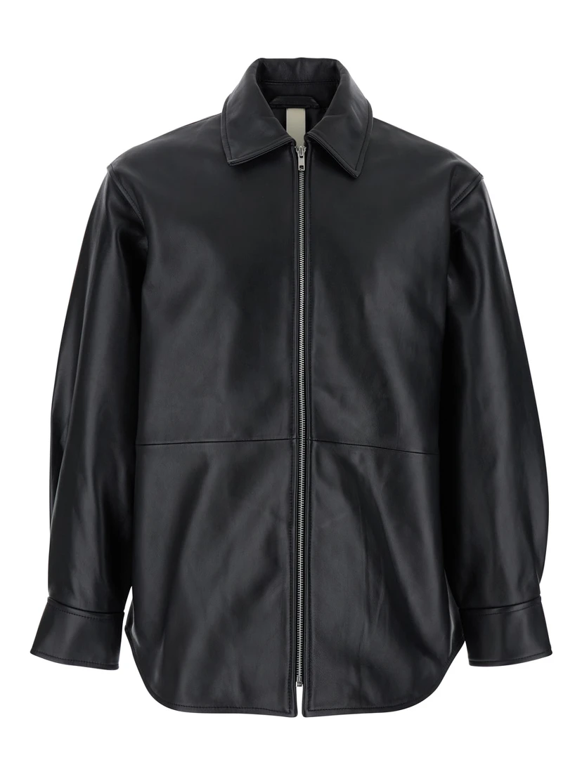 Black Jacket with Classic Collar and Dropped Shoulders in Leather Man