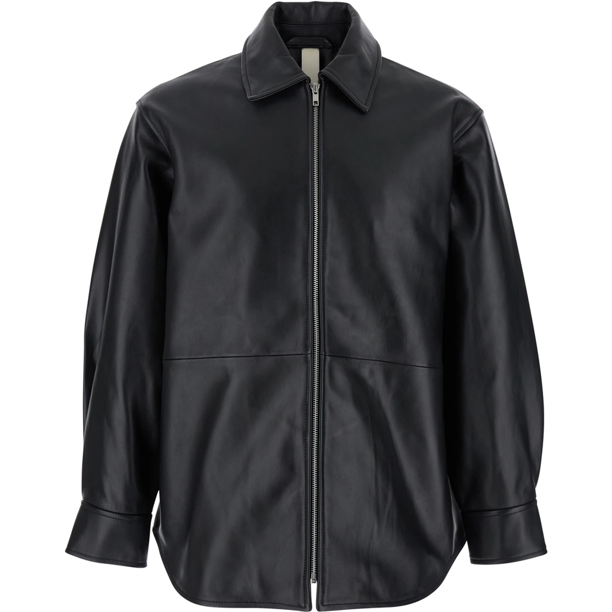 Black Jacket with Classic Collar and Dropped Shoulders in Leather Man