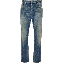 Blue Jeans with Logo Patch on the Rear and Distressed Effect in Denim Man