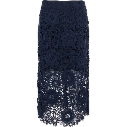 Blue Skirt with Semi Transparent Design and Floral Decorations in Fabric Woman