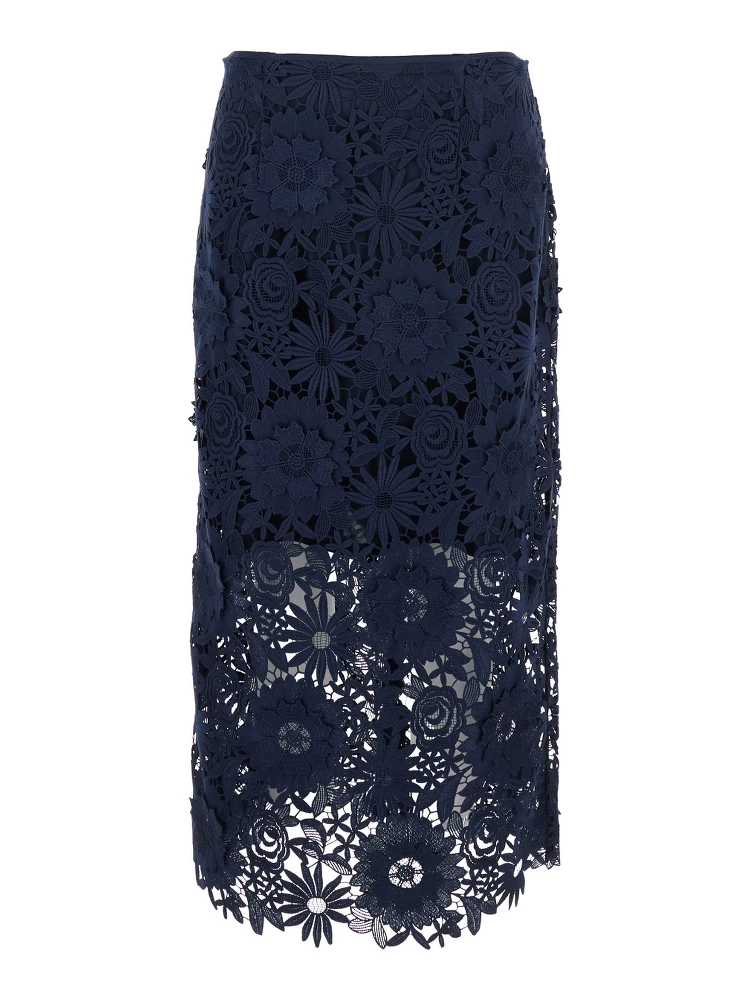 Blue Skirt with Semi Transparent Design and Floral Decorations in Fabric Woman