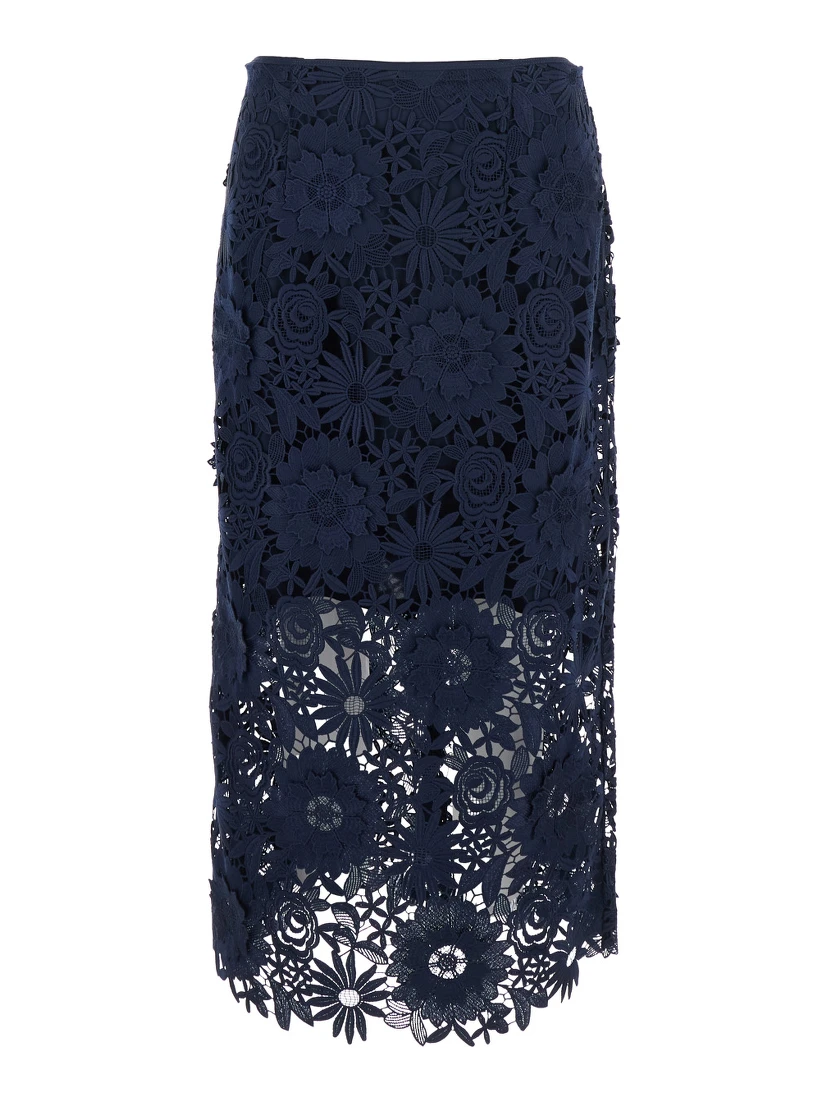 Blue Skirt with Semi Transparent Design and Floral Decorations in Fabric Woman