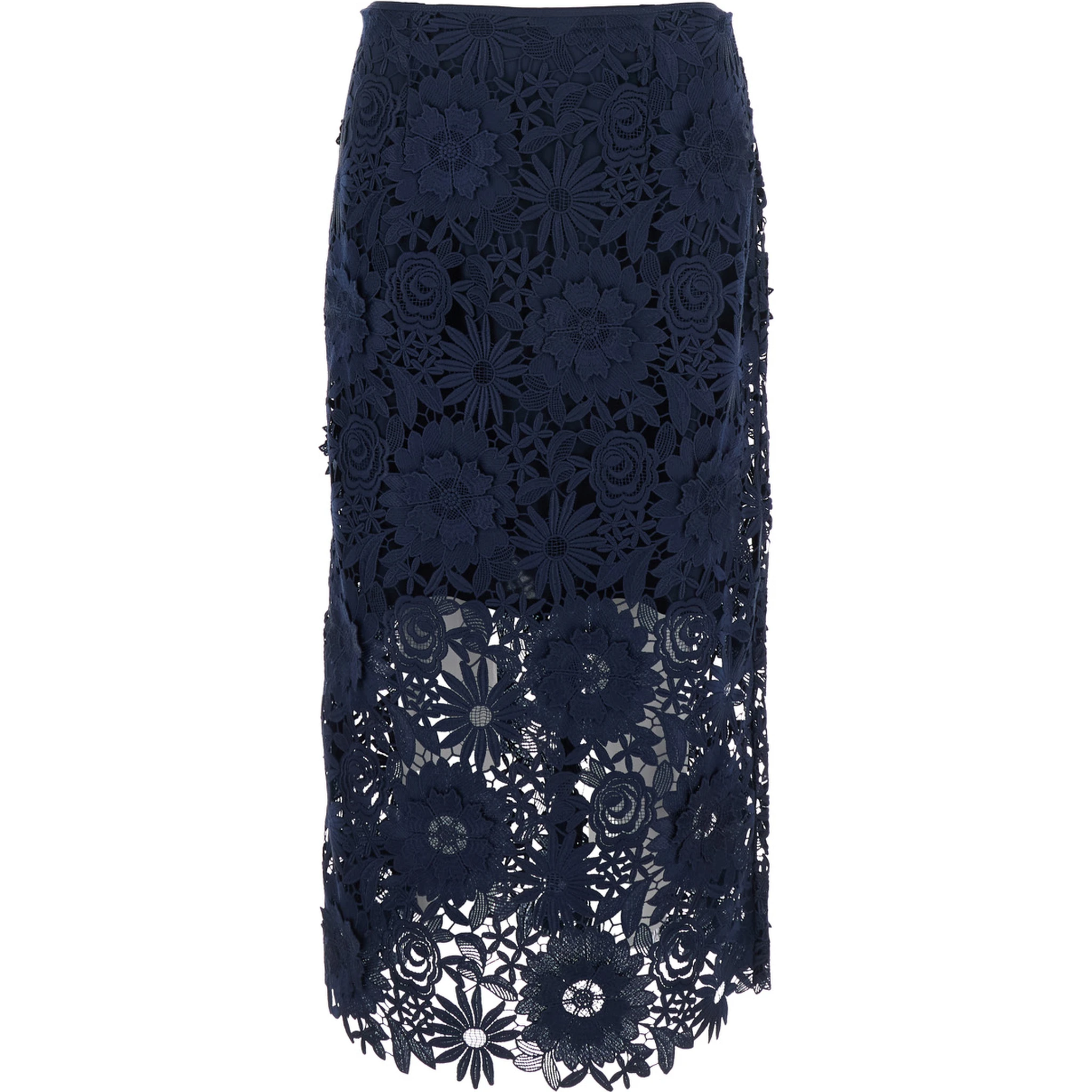 Blue Skirt with Semi Transparent Design and Floral Decorations in Fabric Woman