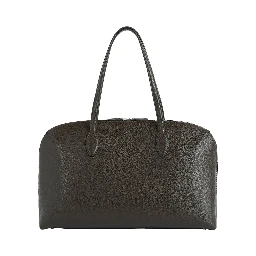Brown Shoulder Bag with Two Top Handles and Embossed Logo Lettering on the Front in Grained Leather Woman