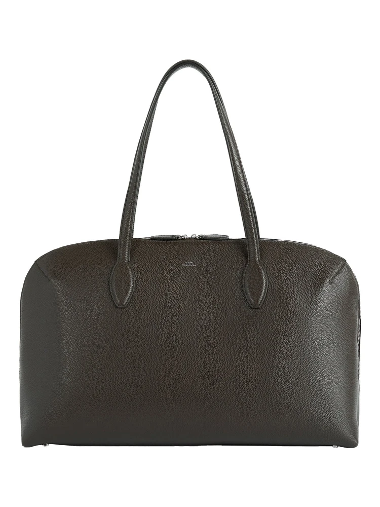 Brown Shoulder Bag with Two Top Handles and Embossed Logo Lettering on the Front in Grained Leather Woman