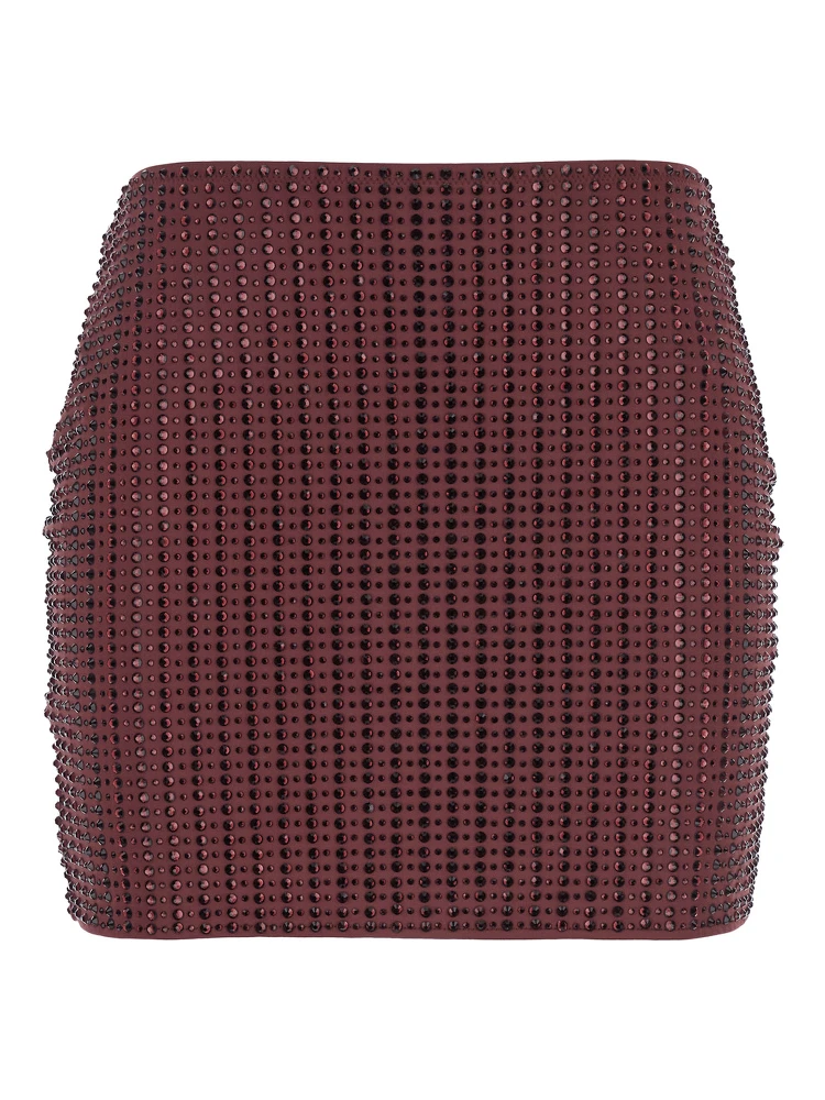 Malibu Crystal Bordeaux Skirt with All-Over Stud Embellishments in Tech Fabric Stretch Woman