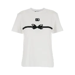 White Crewneck T-Shirt with Logo Print on the Front in Cotton Woman