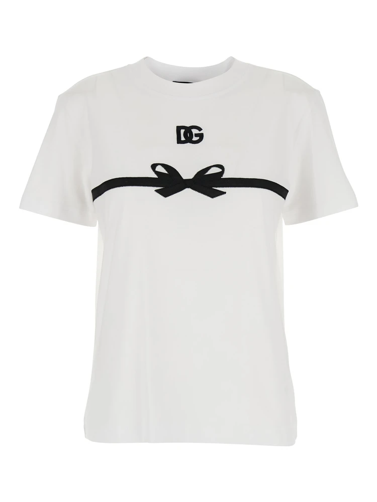 White Crewneck T-Shirt with Logo Print on the Front in Cotton Woman