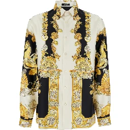 Coral Teater White Shirt with Classic Collar and All-Over Print in Silk Man