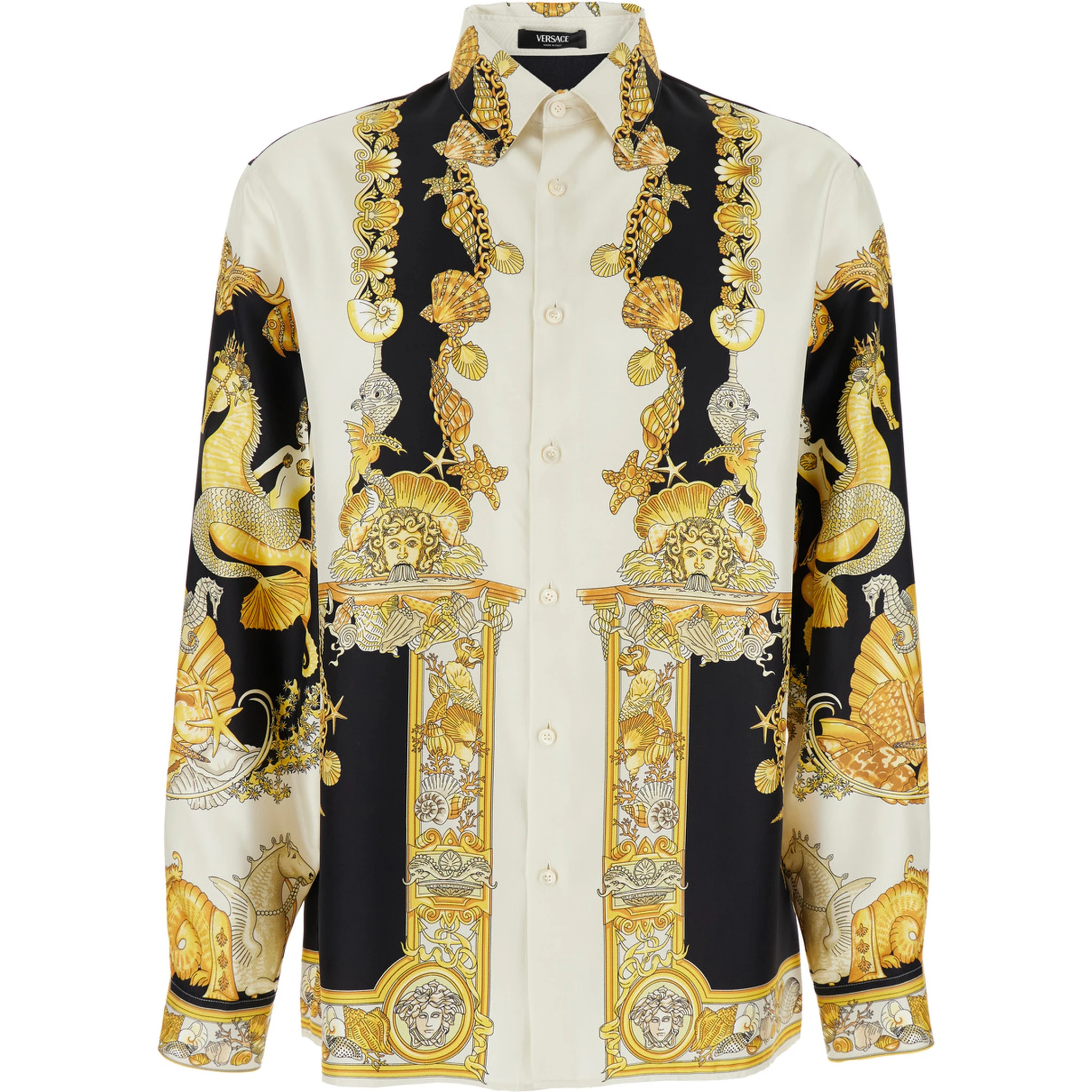 Coral Teater White Shirt with Classic Collar and All-Over Print in Silk Man
