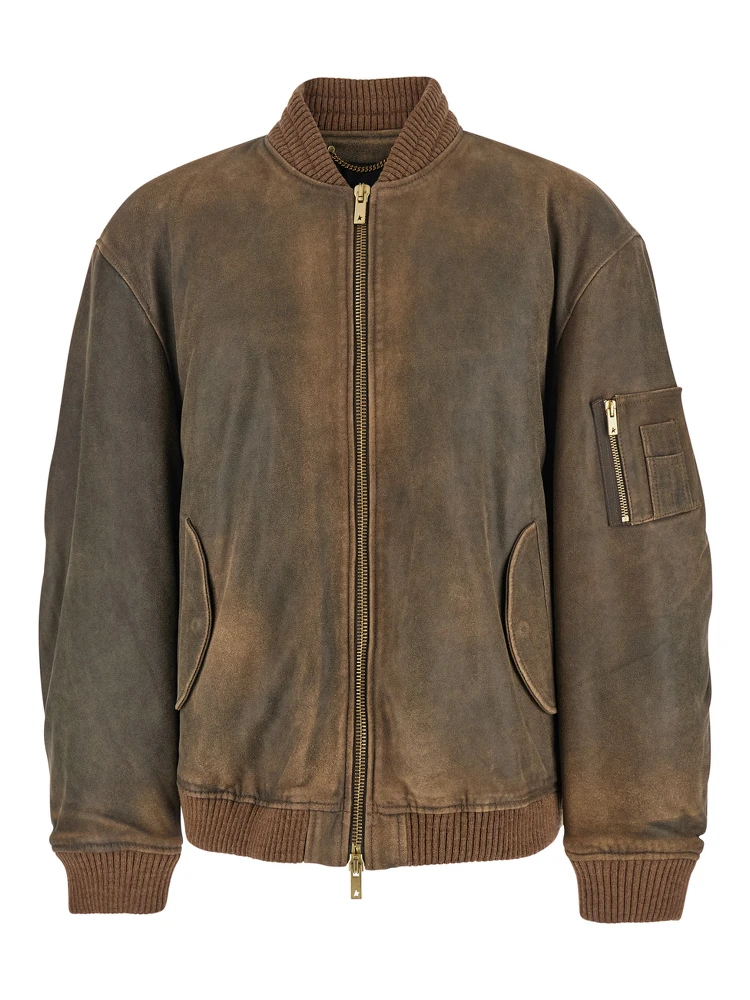 Brown Jacket with Sleeve Pocket and Distressed Effects in Leather Man