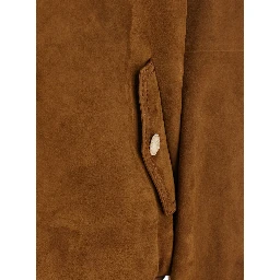 Brown Jacket with Mock Neck with Snap Buttons in Suede Man