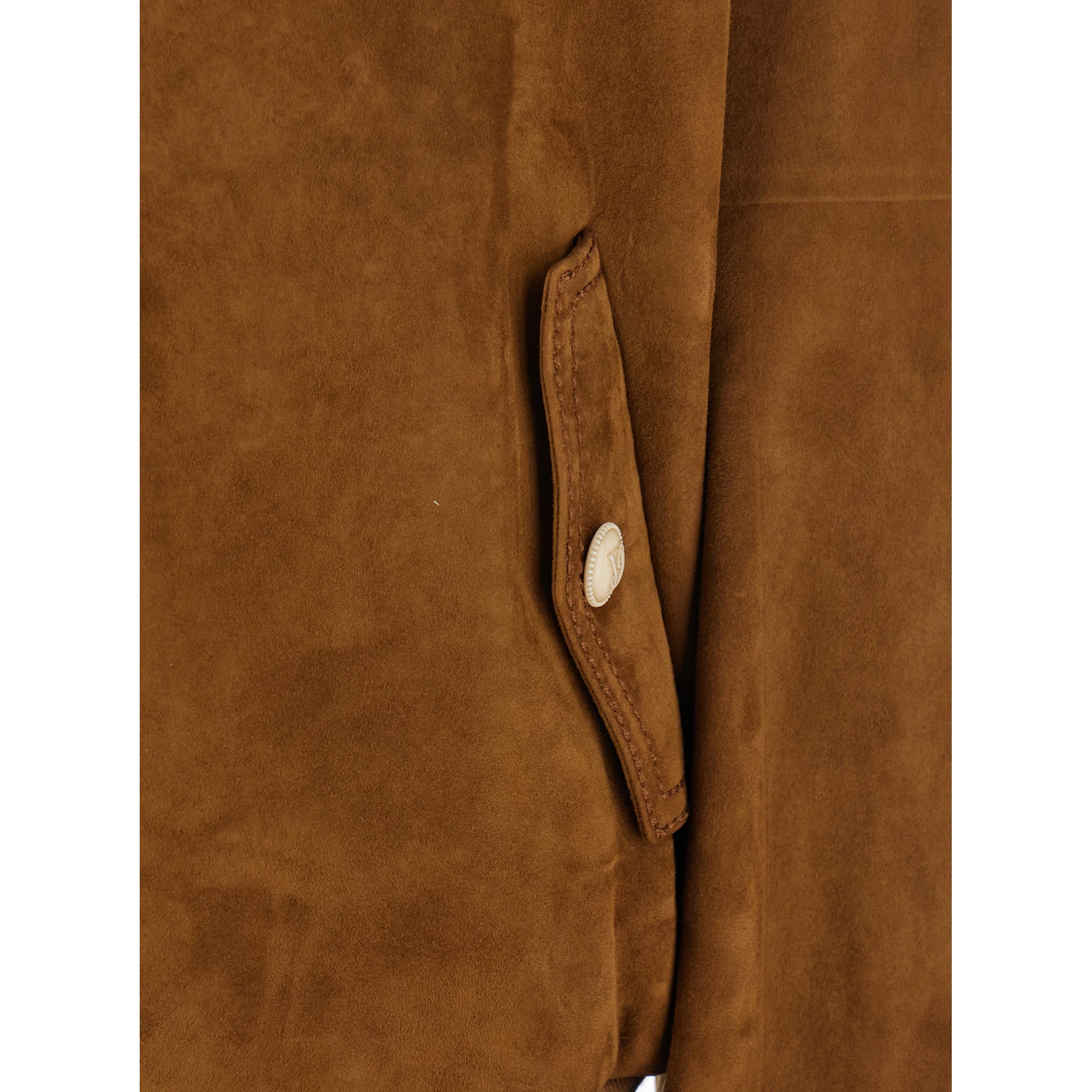 Brown Jacket with Mock Neck with Snap Buttons in Suede Man
