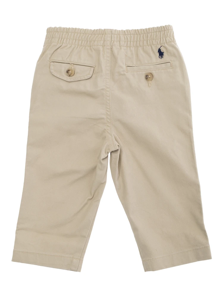 Beige Pants with Elastic Waist and Pony Embroidery on the Rear in Cotton Baby alternative